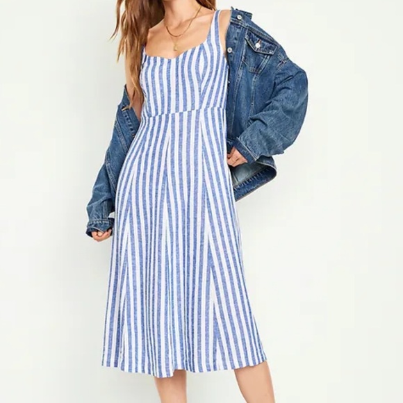 Old Navy Dresses & Skirts - Old Navy Midi Dress Womens  XL Blue White Stripe  SundressSmock Back Linen Blend